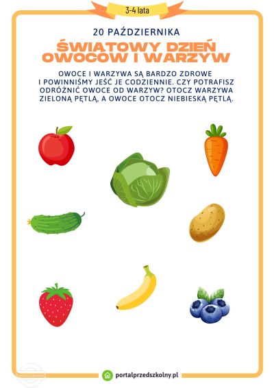 Karta pracy dla 3 i 4-latków na 20 października Światowy Dzień Warzyw i Owoców