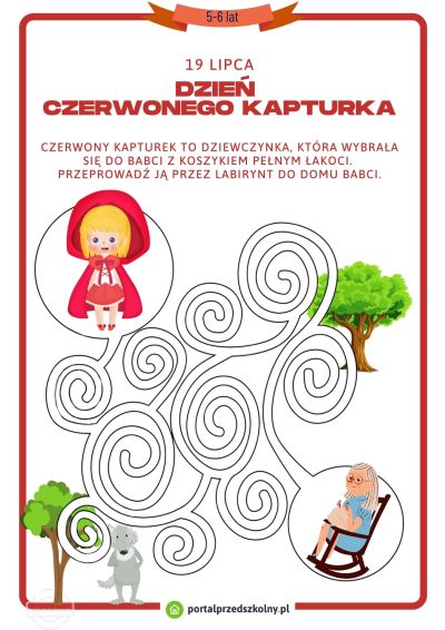 Karta pracy dla 5 i 6-latków na 19 lipca (Dzień Czerwonego Kapturka) 