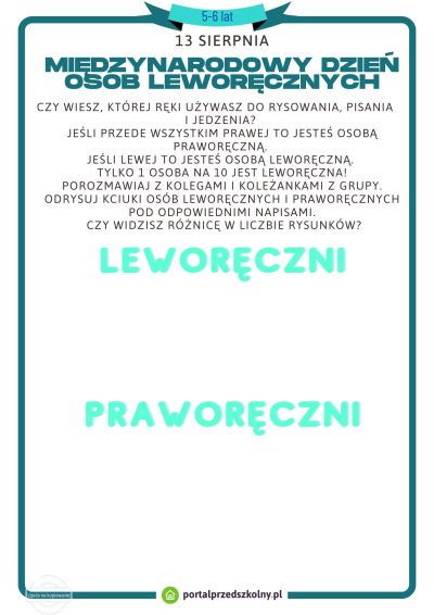 Karta pracy dla 5 i 6-latków na 13 sierpnia (Międzynarodowy Dzień Osób Leworęcznych)