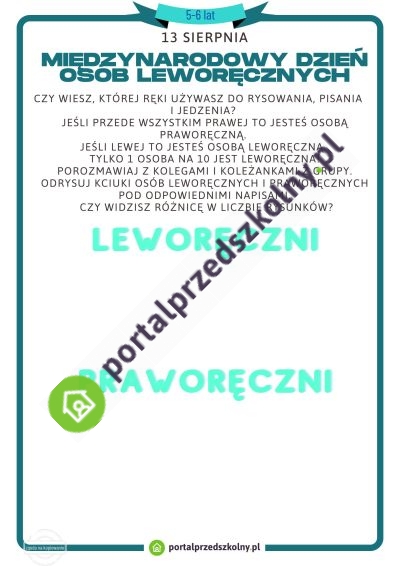 Karta pracy dla 5 i 6-latków na 13 sierpnia (Międzynarodowy Dzień Osób Leworęcznych)