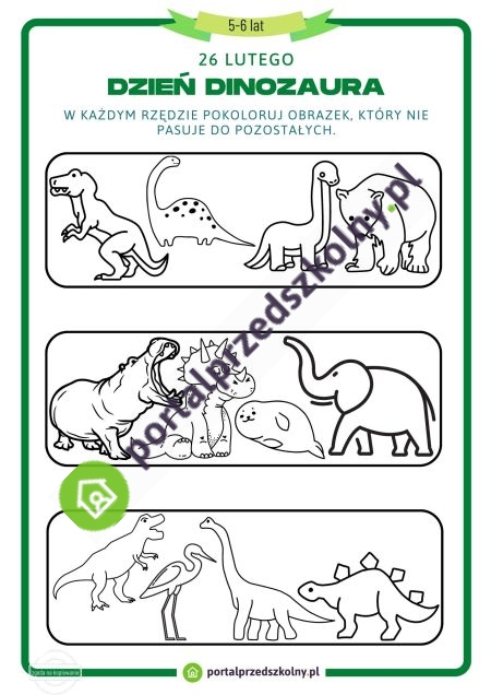 Karta pracy dla 5 i 6-latków na 26 lutego (Dzień Dinozaura) Pobierz gotową do wydrukowania kartę pracy na 26 lutego (Dzień Dinozaura). Poziom trudności zadań na karcie został dostosowany do możliwości 5 i 6-latków. 
